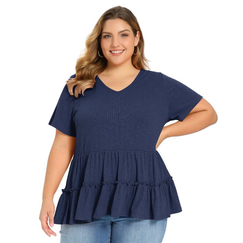 Women Plus Size Casual Babydoll V Neck Short Sleeve Blouses Navy Blue